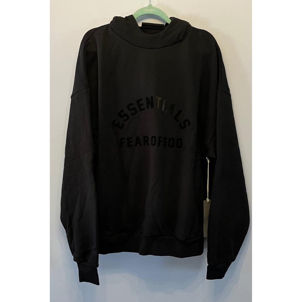 NWT Fear of God Essentials Hoodie Jet Black Flocked Logo Oversized Sweatshirt M